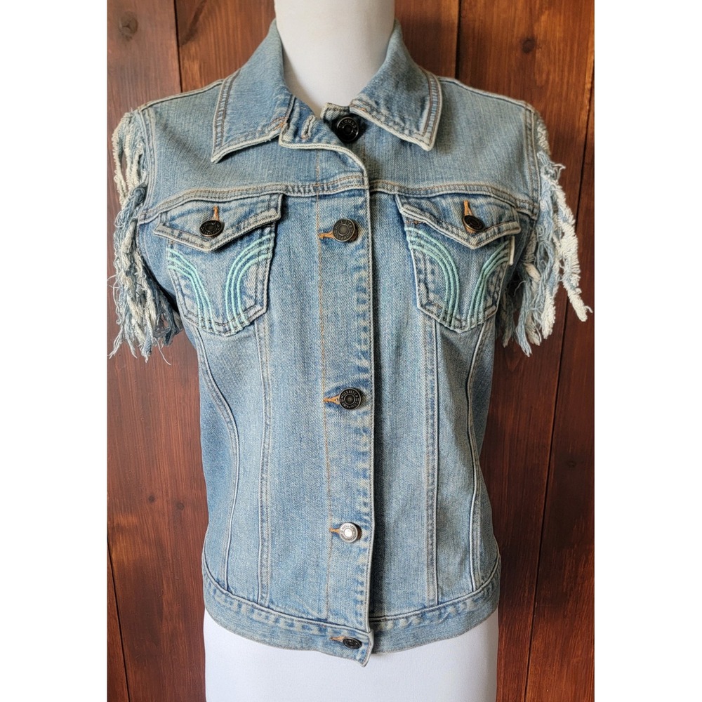 Vintage Y2K Hollister Denim‎ Vest Women's Large Light Wash Fringe Western Jacket